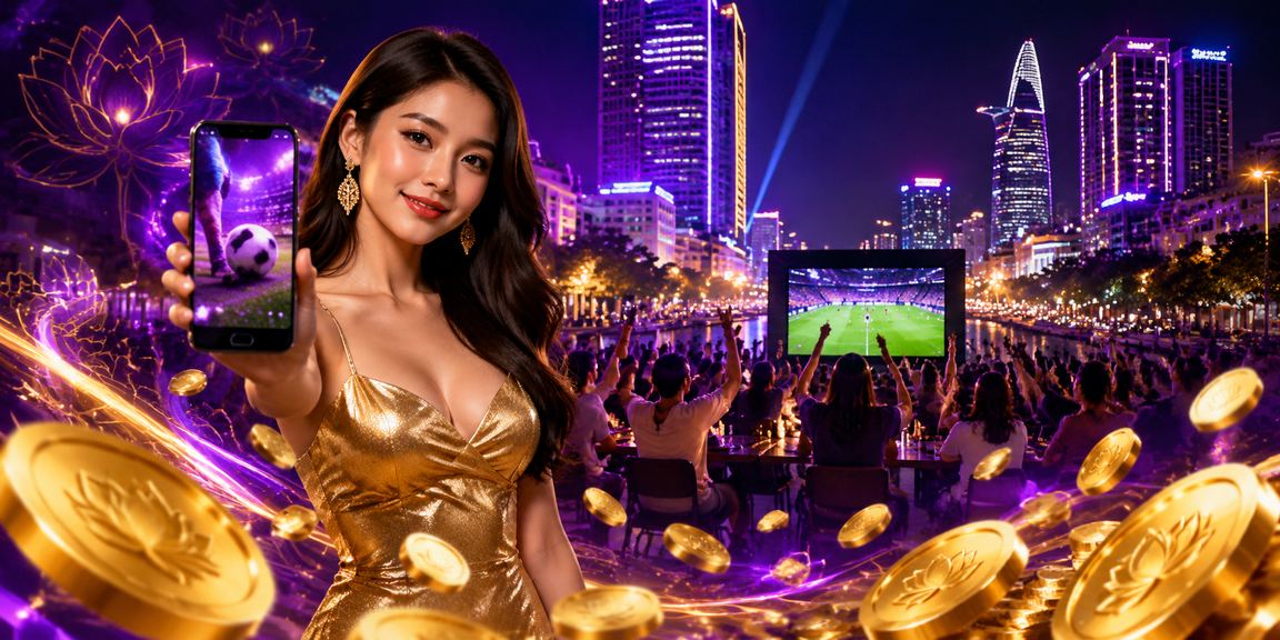 Màn hình cá cược bóng đá với hiệu ứng đèn neon tại TP.HCM ban đêm